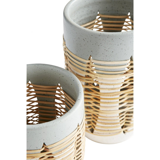 WICKER WOVEN CRESENT POTTERY VASES