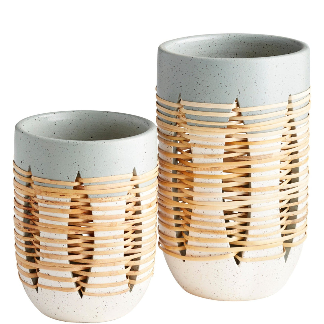 WICKER WOVEN CRESENT POTTERY VASES