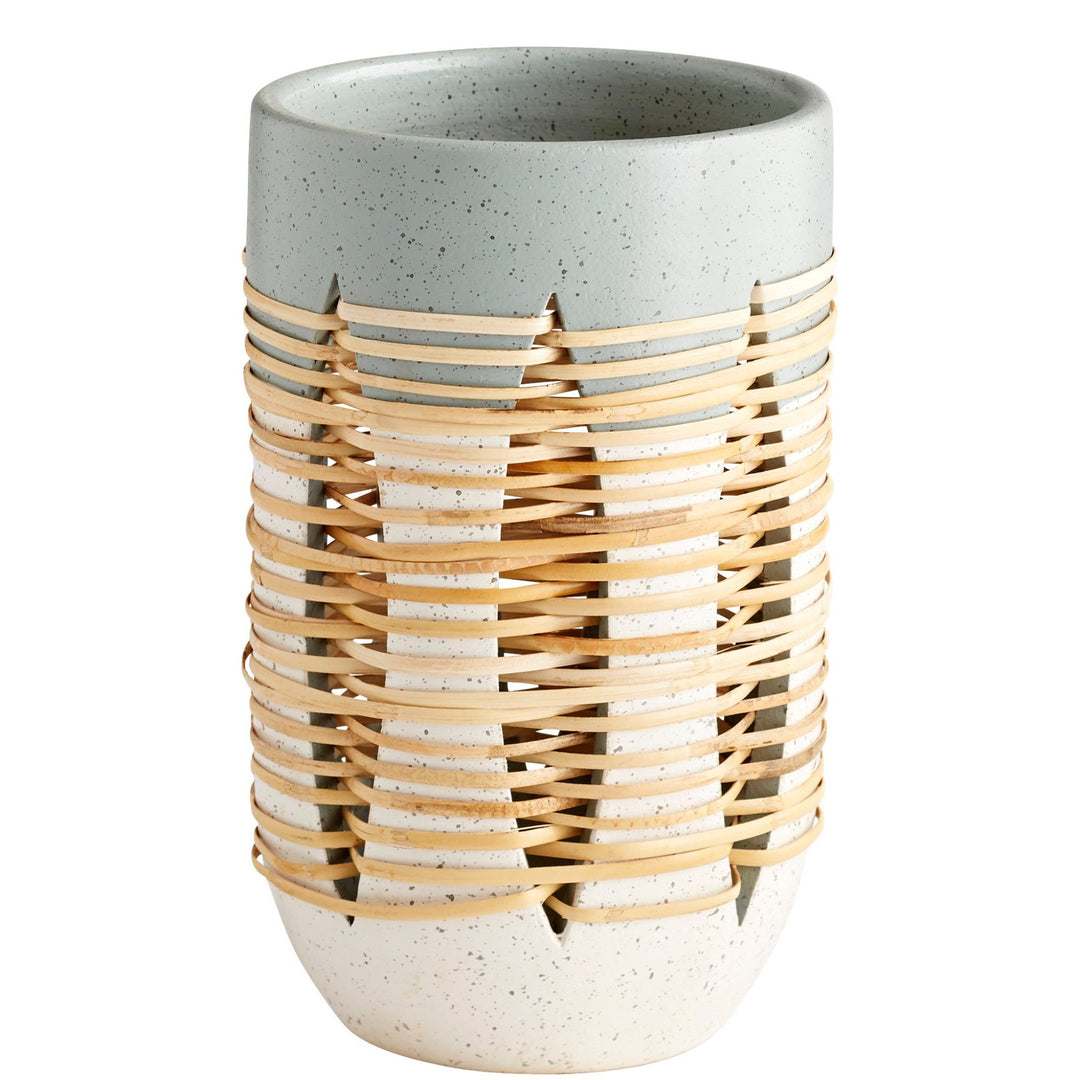 WICKER WOVEN CRESENT POTTERY VASES