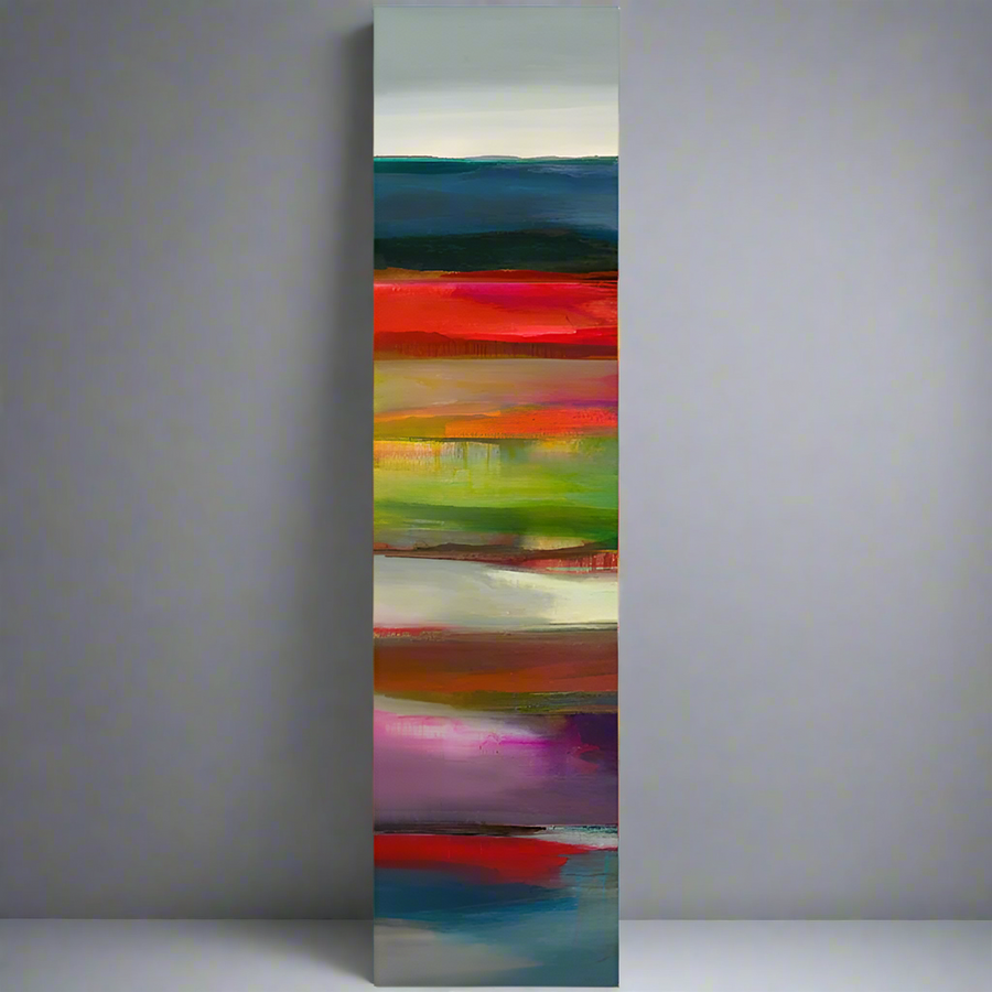 Abstract vertical canvas art featuring vibrant horizontal stripes in red, green, blue, and pink against a soft gray background.