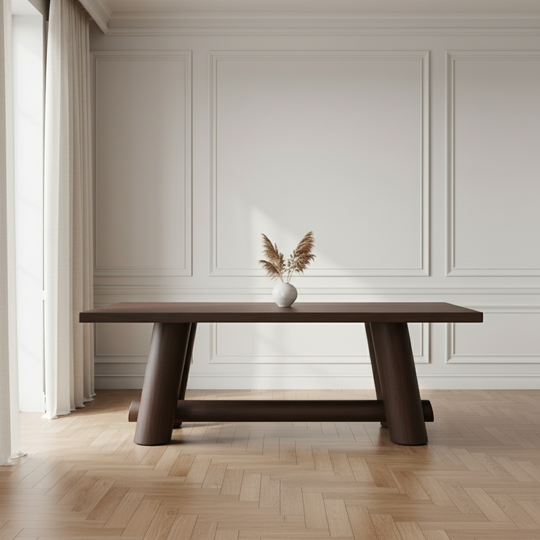 Modern dining room with a large wooden table and chairs in a room with white paneled walls and wooden flooring