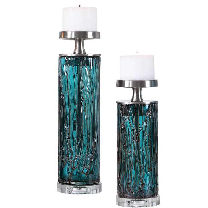 DALUCÍA TEAL GLASS CANDLE HOLDERS | SET OF 2