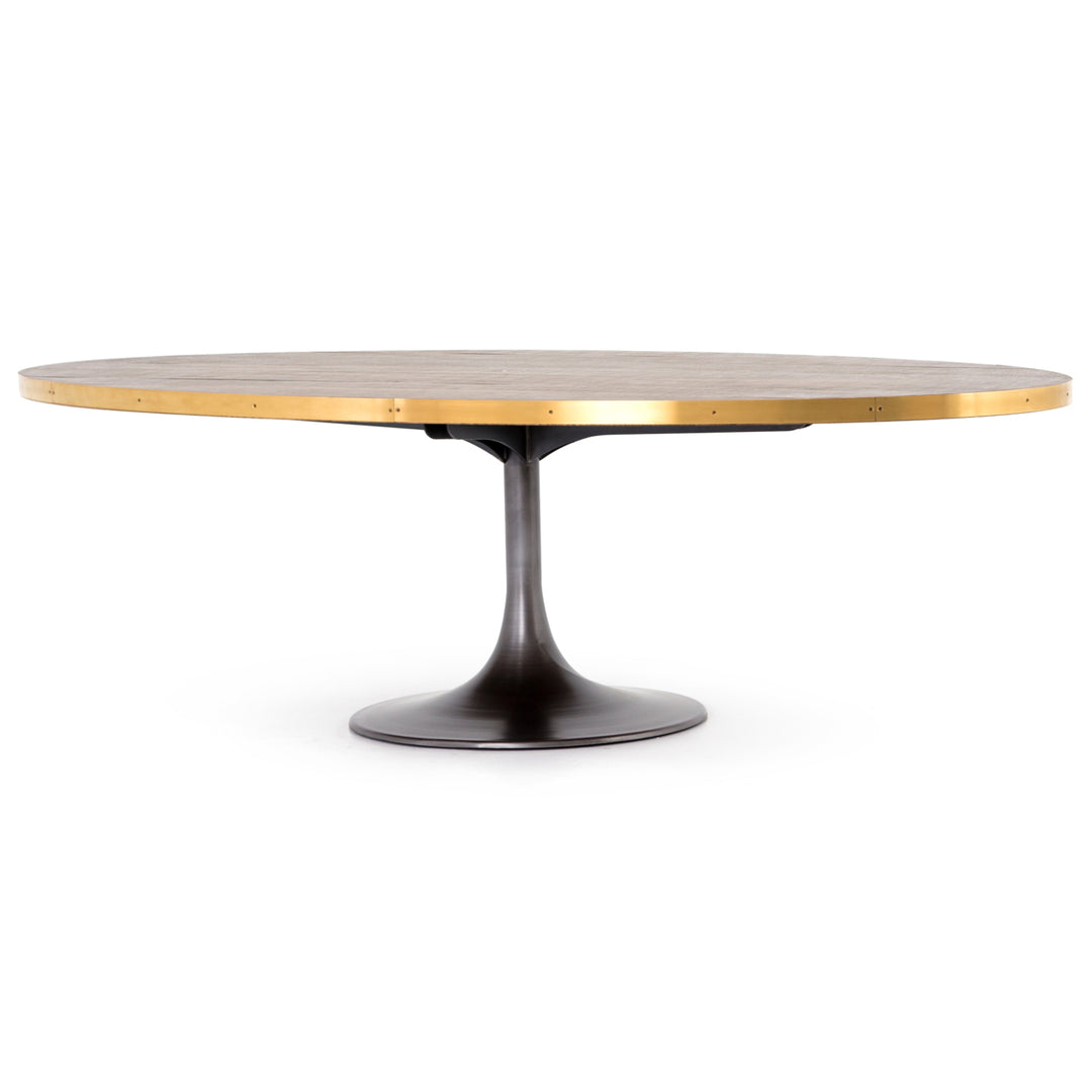 98"OVAL BRASS BANDED OAK TULIP DINING TABLE