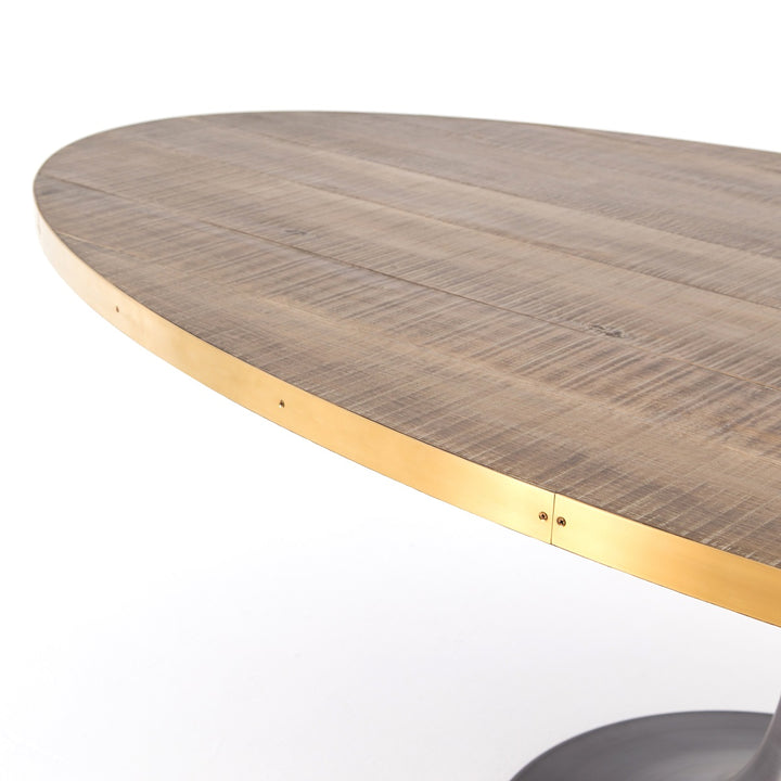 98"OVAL BRASS BANDED OAK TULIP DINING TABLE