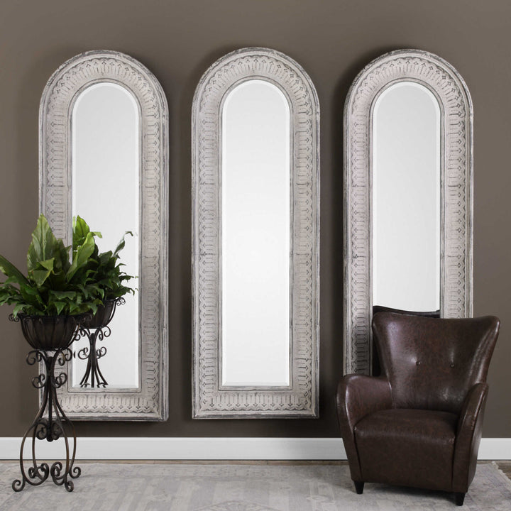 COZETTE AGED WHITE EMBOSSED ARCH MIRROR