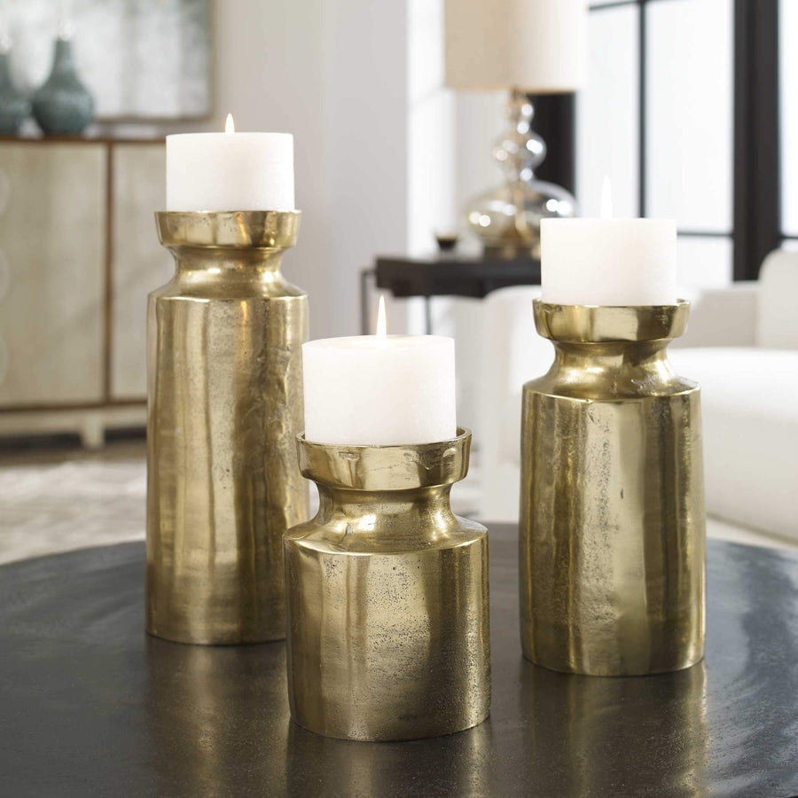 ANTIQUE BRASS ALUMINUM CANDLEHOLDERS | SET OF 3