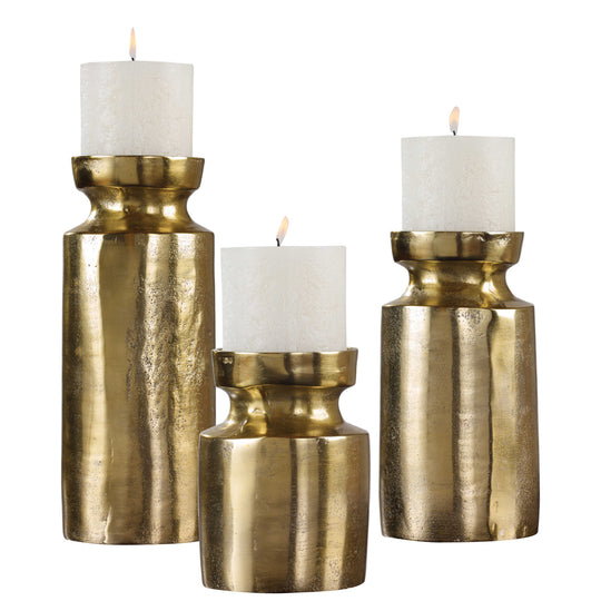 ANTIQUE BRASS ALUMINUM CANDLEHOLDERS | SET OF 3