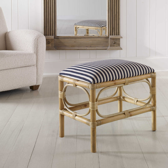 ASHORE RATTAN WRAPPED SMALL BENCH: NAVY STRIPE