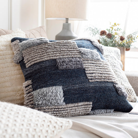 BELU FRINGE PILLOW: SANDSTONE & INK BLUE