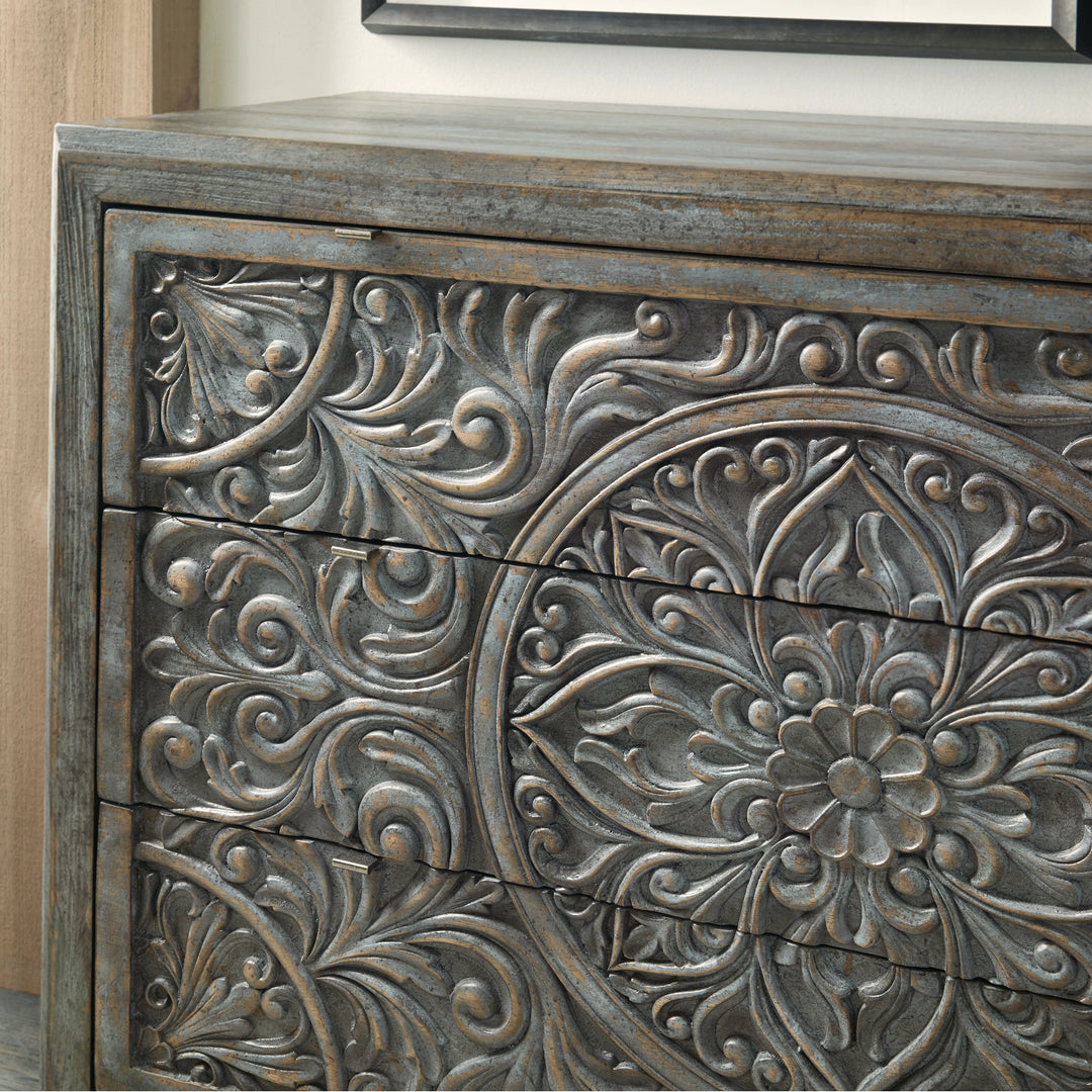 DHARMA ANTIQUE BLUE CARVED WOOD ACCENT CHEST