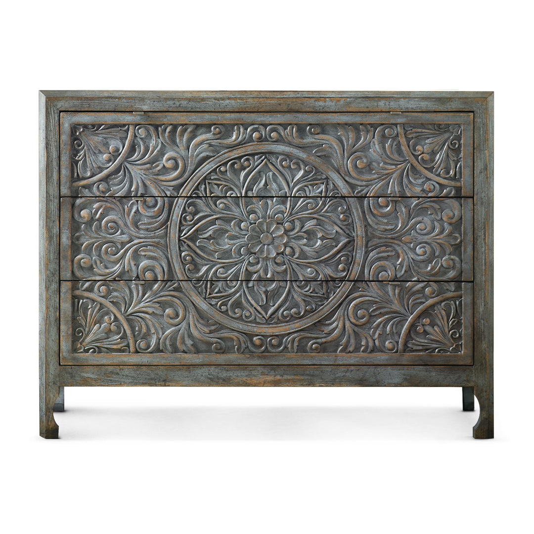 DHARMA ANTIQUE BLUE CARVED WOOD ACCENT CHEST