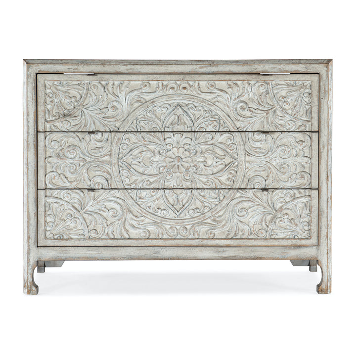 DHARMA ANTIQUE WHITE CARVED WOOD ACCENT CHEST