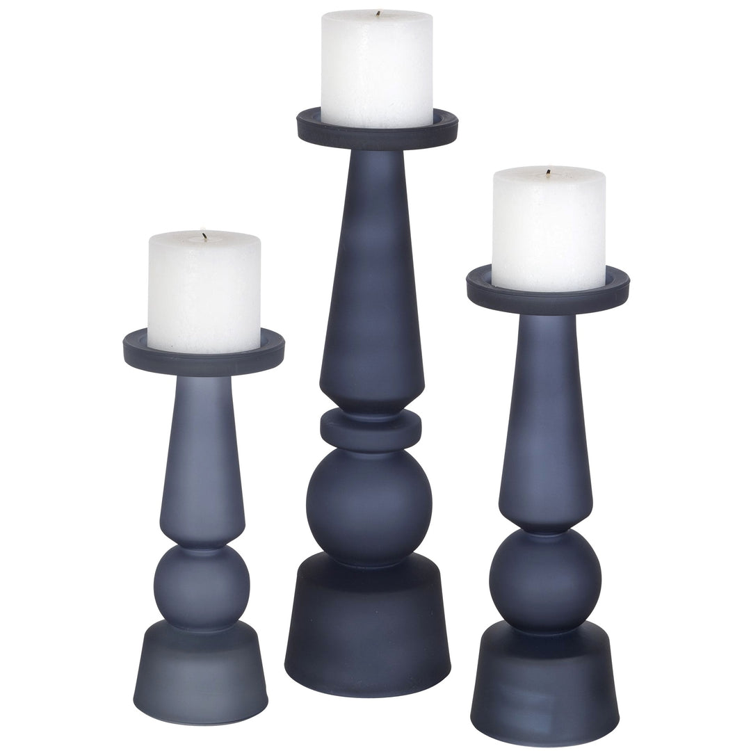 MIDNIGHT BLUE GLASS CANDLE HOLDERS | SET OF 3