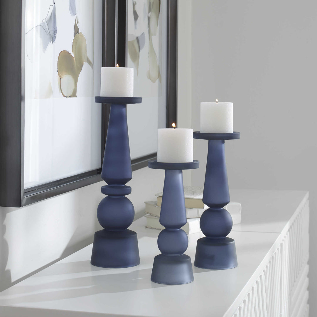 MIDNIGHT BLUE GLASS CANDLE HOLDERS | SET OF 3