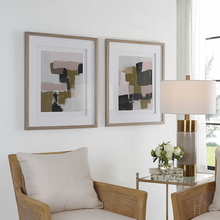 "OLIVE & BLUSH COLORBLOCK" GLASS FRAMED PRINTS | SET OF 2
