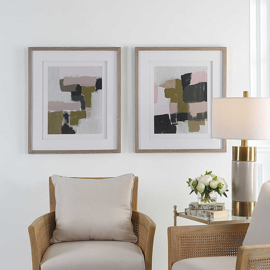 "OLIVE & BLUSH COLORBLOCK" GLASS FRAMED PRINTS | SET OF 2