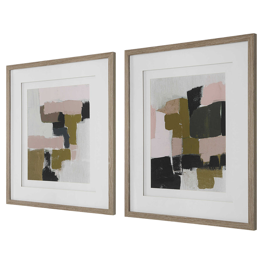 "OLIVE & BLUSH COLORBLOCK" GLASS FRAMED PRINTS | SET OF 2