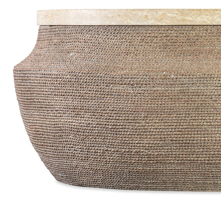 ROPED ROUND TRAVERTINE TOP COCKTAIL TABLE